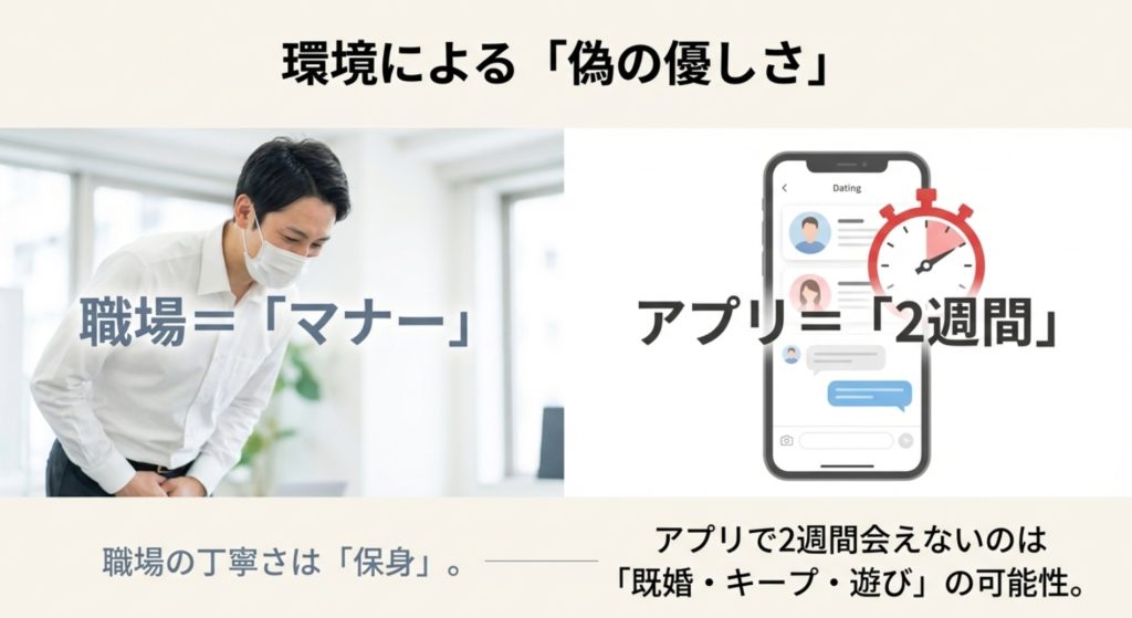 職場でのやり取りが丁寧でも進展しない場合を示す画像。