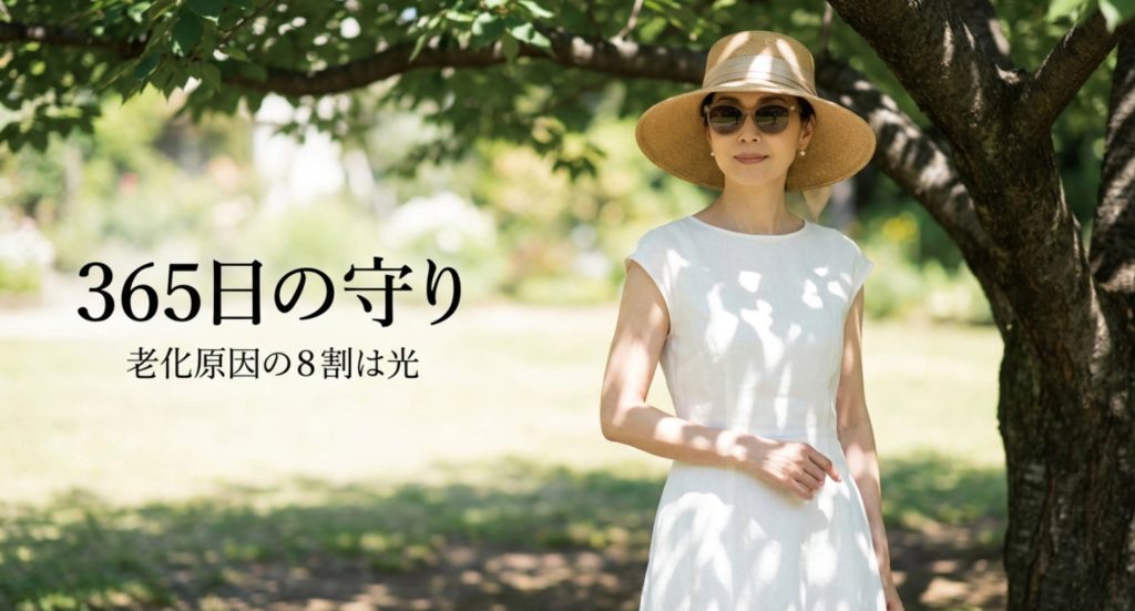 紫外線対策と日焼け止めを徹底する生活習慣を示す画像。