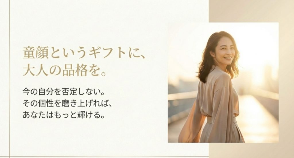 40代の童顔女性がモテるための自分磨きまとめを示す画像。