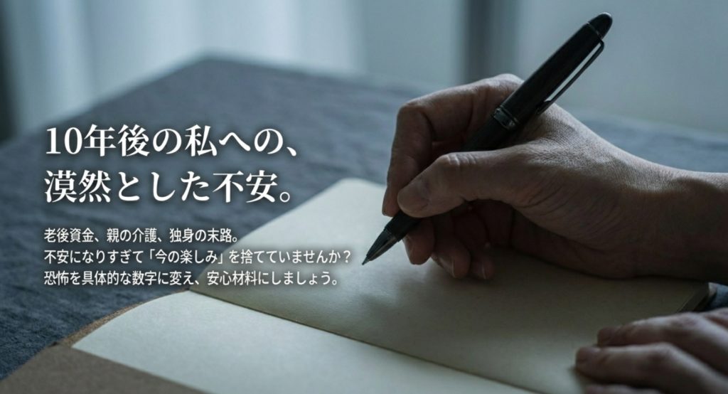50代の未来や老後資金への予期不安を示す画像。