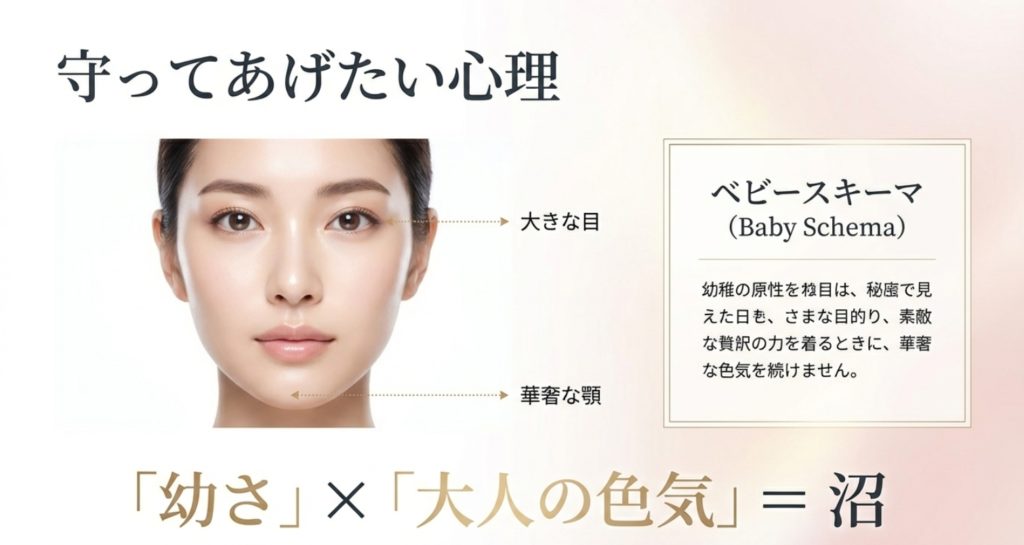 守ってあげたい心理を刺激する幼形成熟の特徴を示す画像。