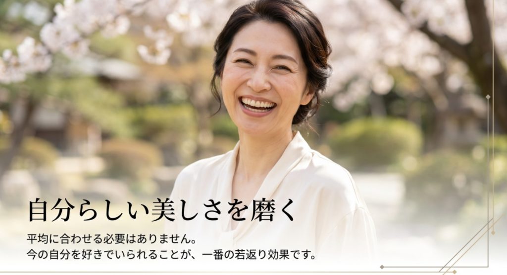 40歳女性の平均顔を知り自分らしい美しさを磨くまとめを示す画像。