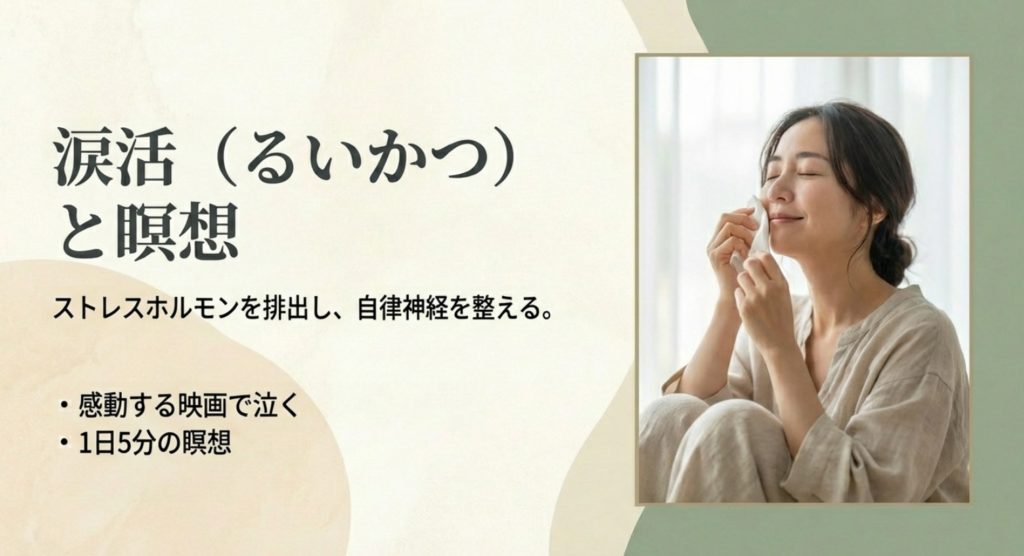 涙活や瞑想で精神的なデトックスを促進する手順を示す画像。