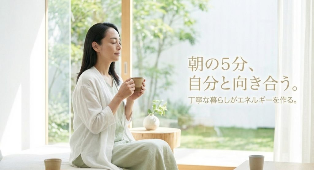 丁寧な暮らしと規則正しい生活習慣のメリットを示す画像。