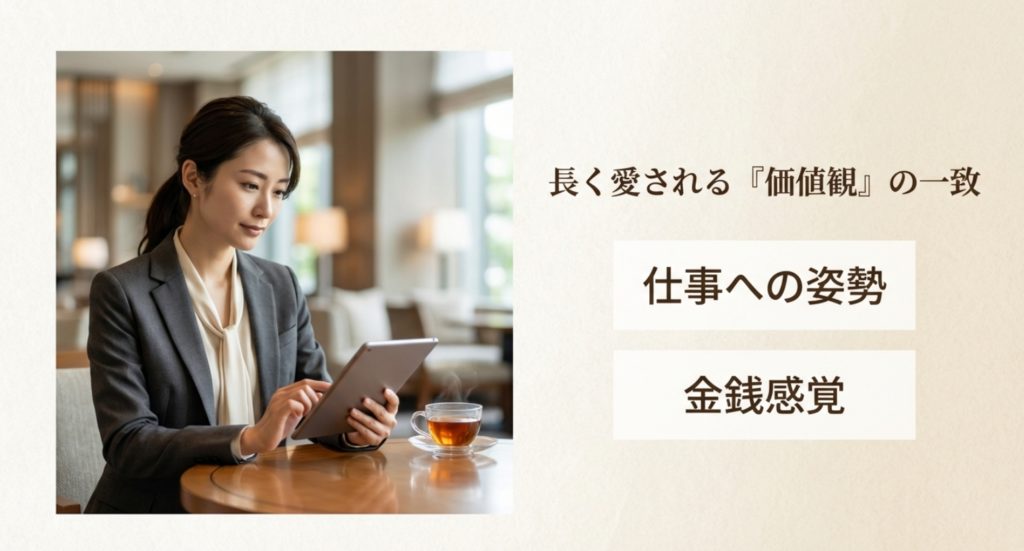 価値観が合うと感じさせる仕事への姿勢や金銭感覚を示す画像。