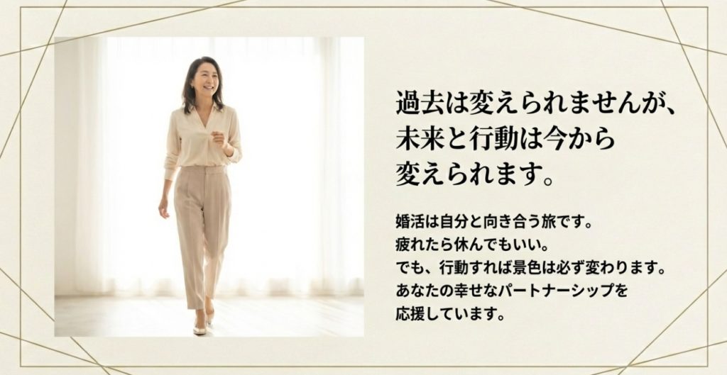 40過ぎて結婚できない女性の共通点を克服し幸せを掴むまとめを示す画像。