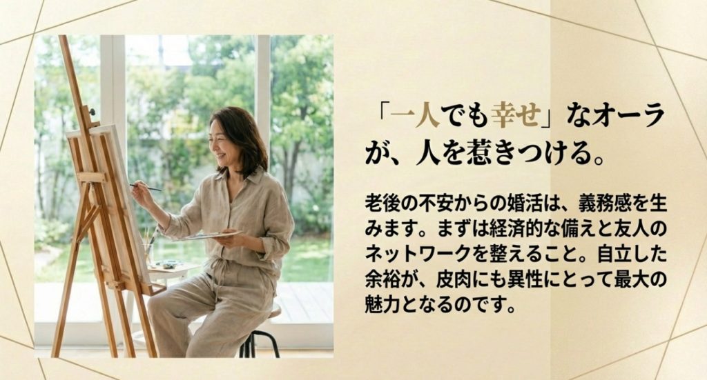 一生独身で過ごす老後の不安を解消するライフプランを示す画像。