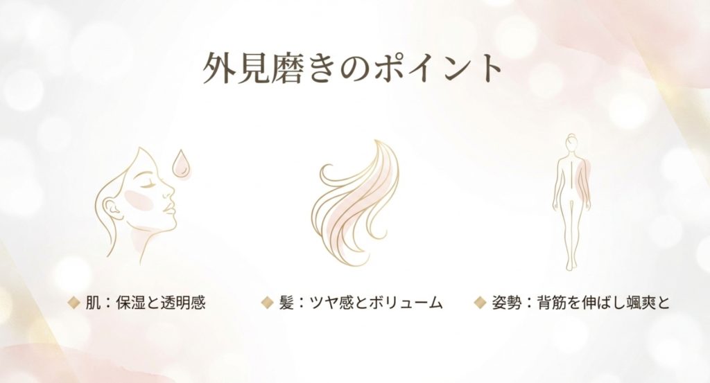 魅力的な若く見える女性の男性心理を理解して自分を磨く方法を示す画像。