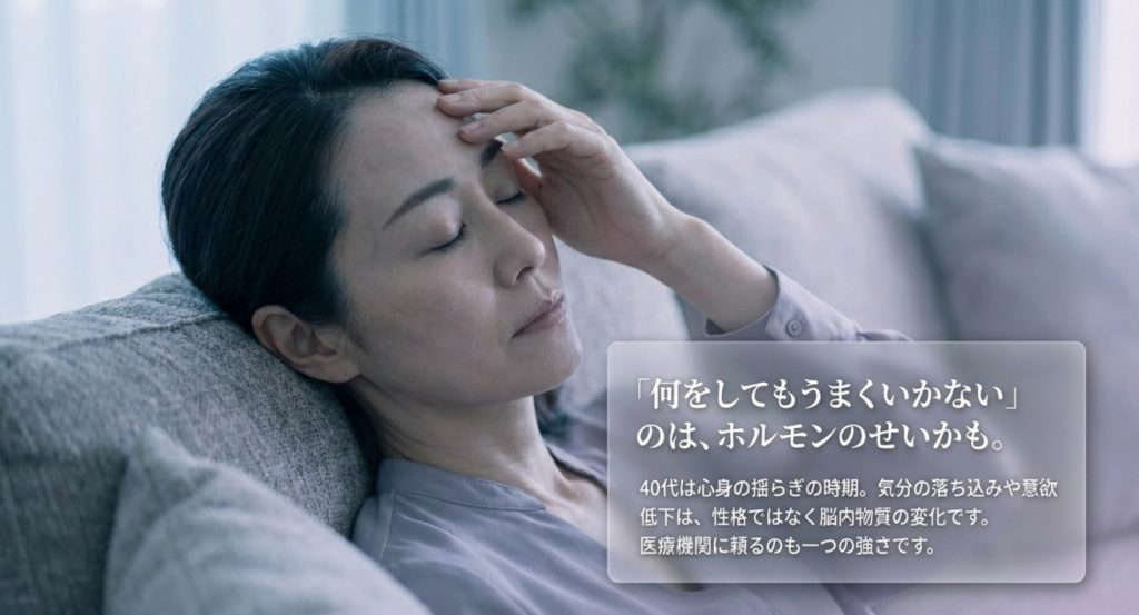 更年期による気分の落ち込みと意欲低下を示す画像。