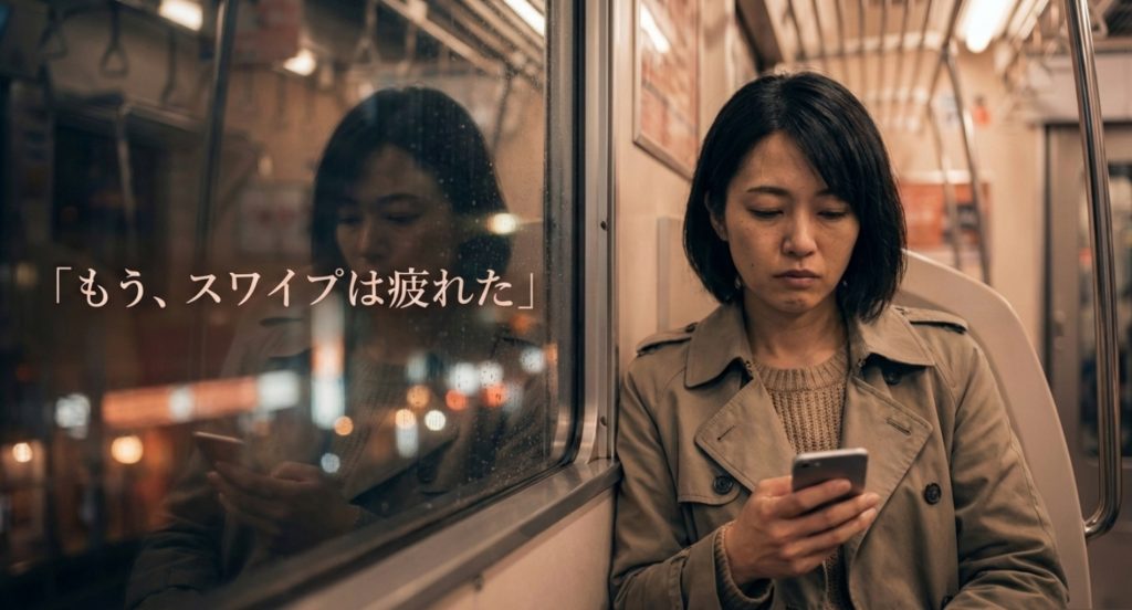 アプリ疲れの社会人が自然な出会いを作る方法を示す画像。