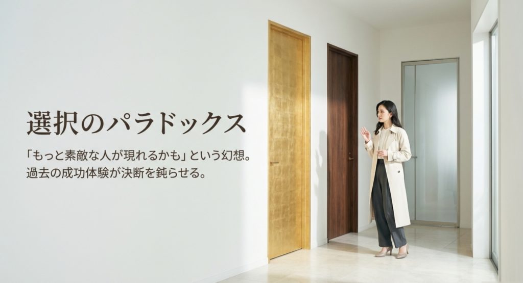 美人なのに結婚できない理由と選択のパラドックスを示す画像。