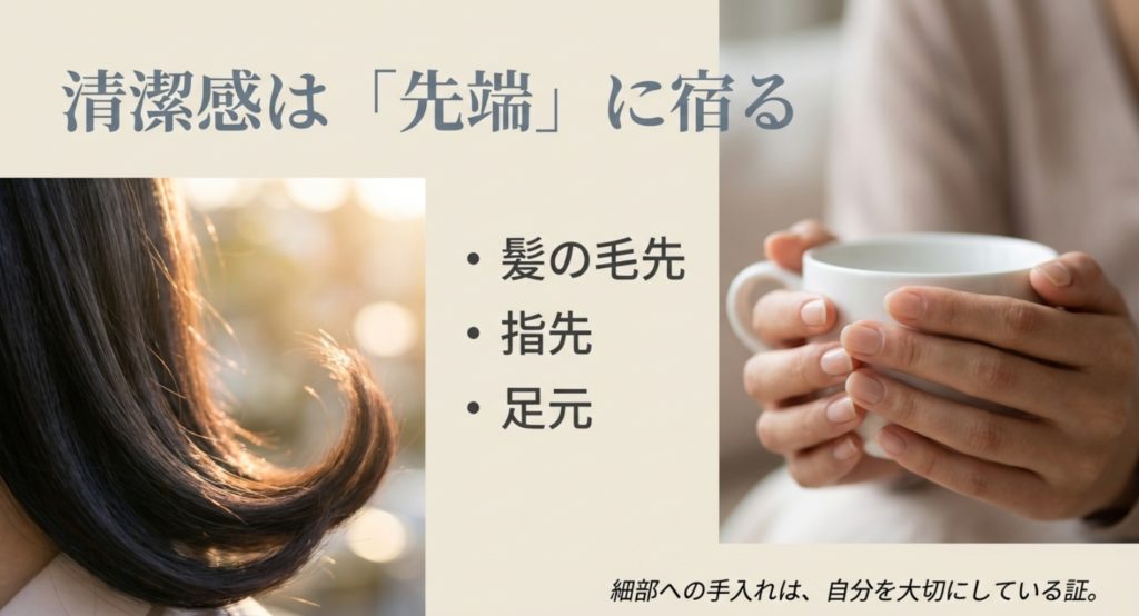 清潔感や品がある外見に宿る雰囲気美人の作り方を示す画像。