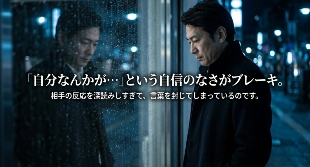 恋愛経験が少ない男性が心を開かない背景を示す画像。