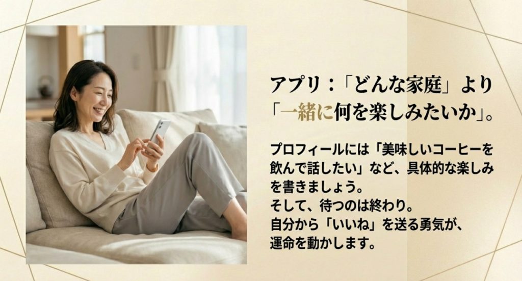 40代向けマッチングアプリの選び方と出会いの広げ方を示す画像。