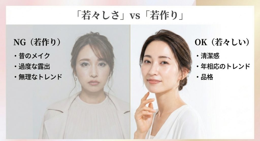 若作りと若々しさの違いを分ける清潔感とトレンドの量を示す画像。