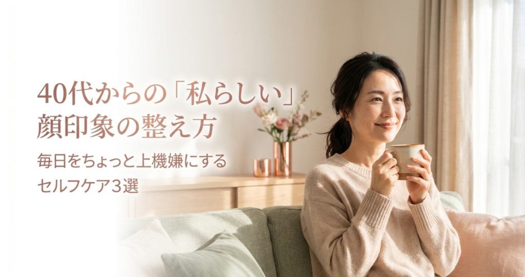 40代からの「私らしい」顔印象の整え方。毎日をちょっと上機嫌にするセルフケア3選を示す画像