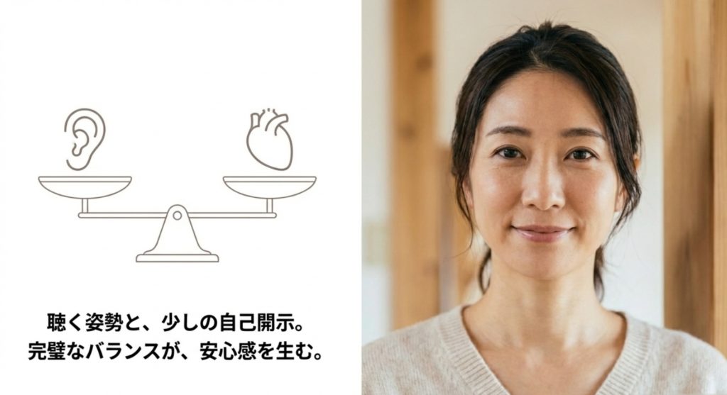 相手の心に寄り添う聞き上手な姿勢と自己開示のバランスを示す画像