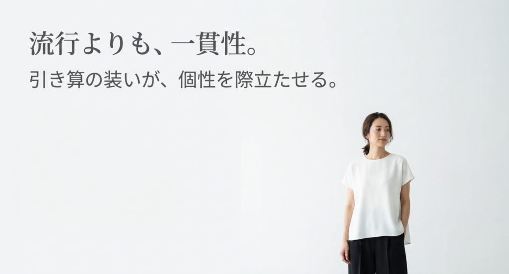 モノトーンや自分に似合う服を貫くファッションを示す画像