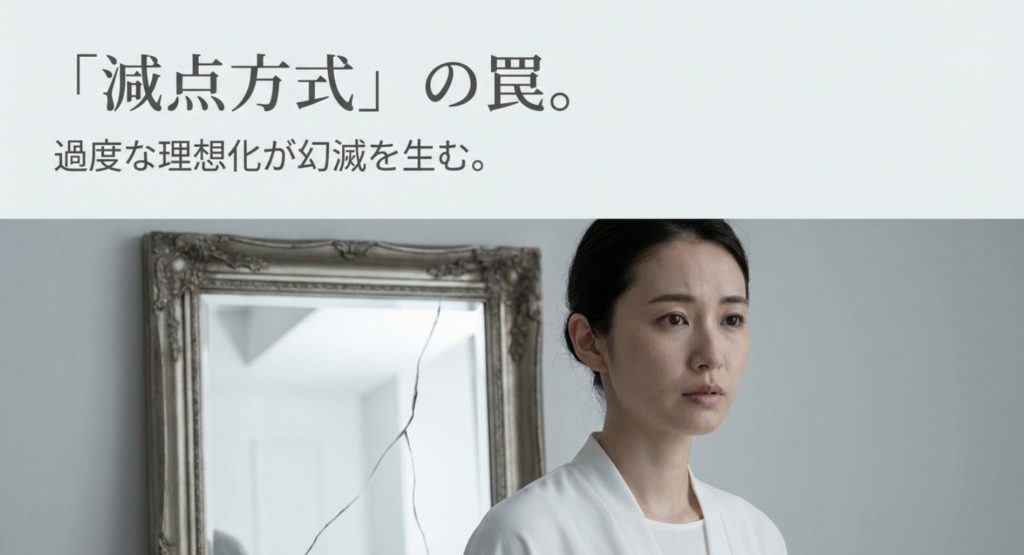 理想化から幻滅へ変わる減点方式の心理的理由を示す画像。