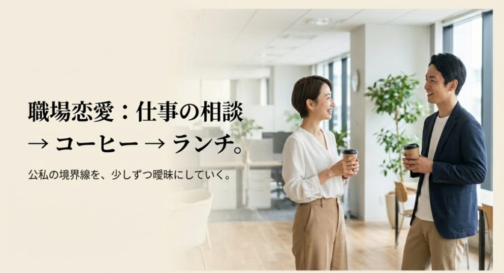 職場恋愛を成功させた同僚の自然な誘い方を示す画像。