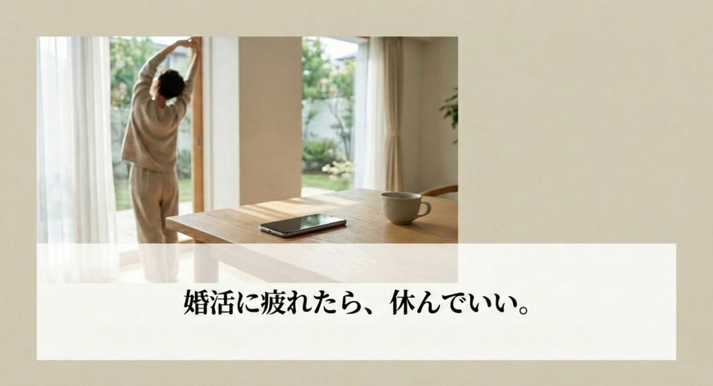 婚活疲れで自信ない心を立て直すセルフケアの重要性を示す画像。