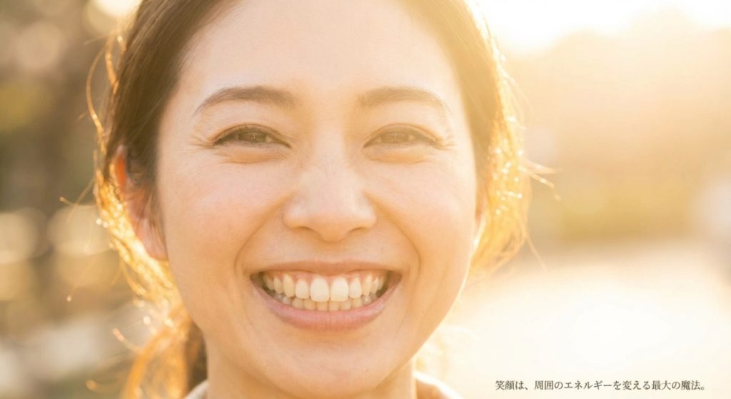 愛嬌のある女性が振りまく笑顔とポジティブな感情の力を示す画像