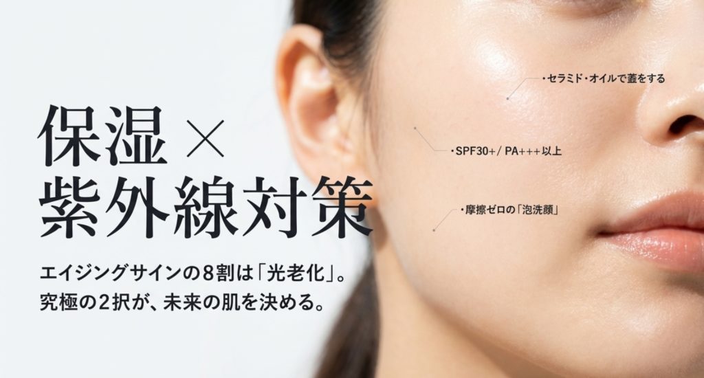 30代のスキンケアで最優先すべき紫外線対策と保湿を示す画像