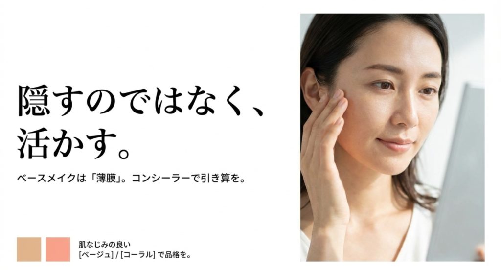 老け見え回避に効く30代のメイクと薄膜ベースを示す画像